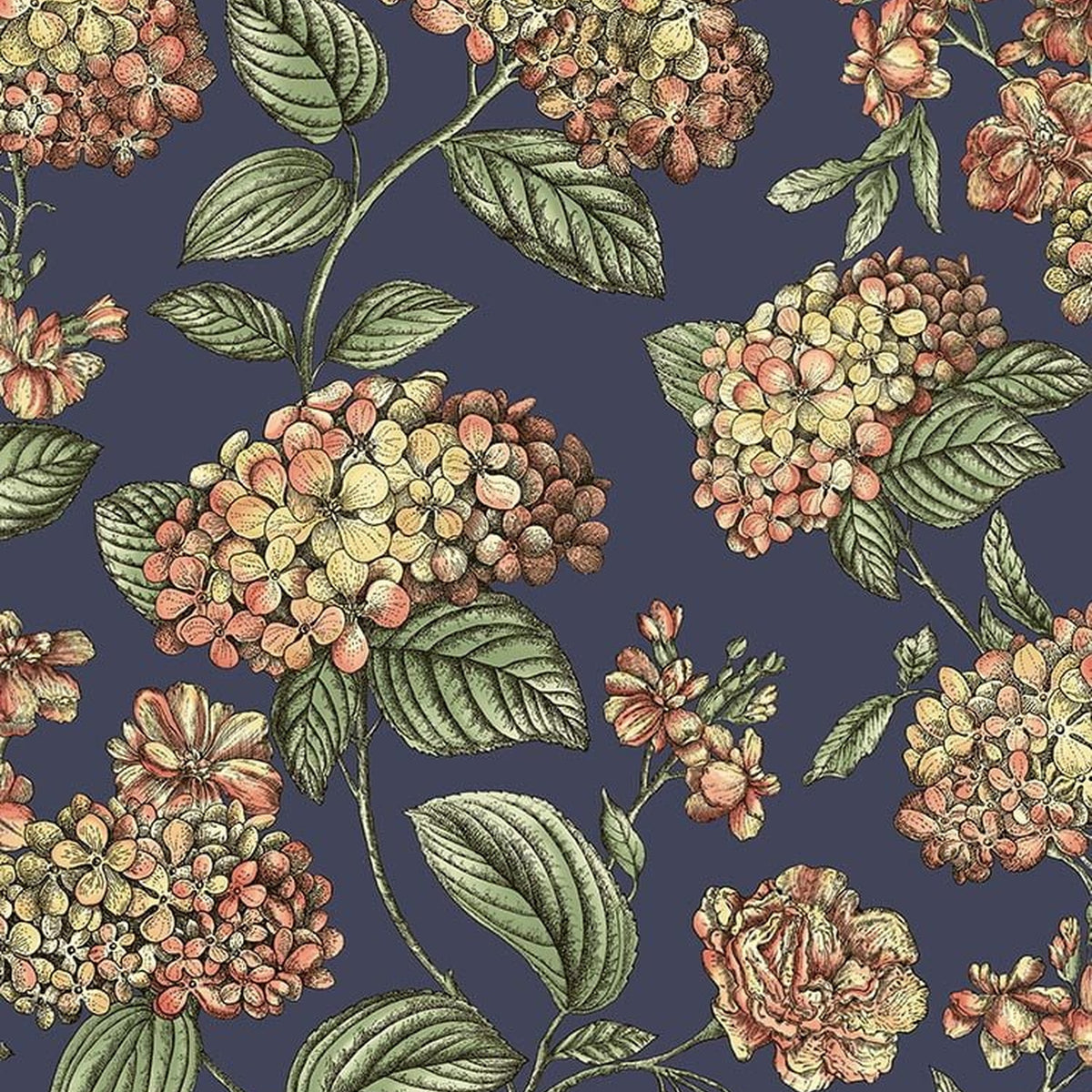 Ramo di Ortensia wallpaper in Coral on Dark Blue by Cole & Son — design detail