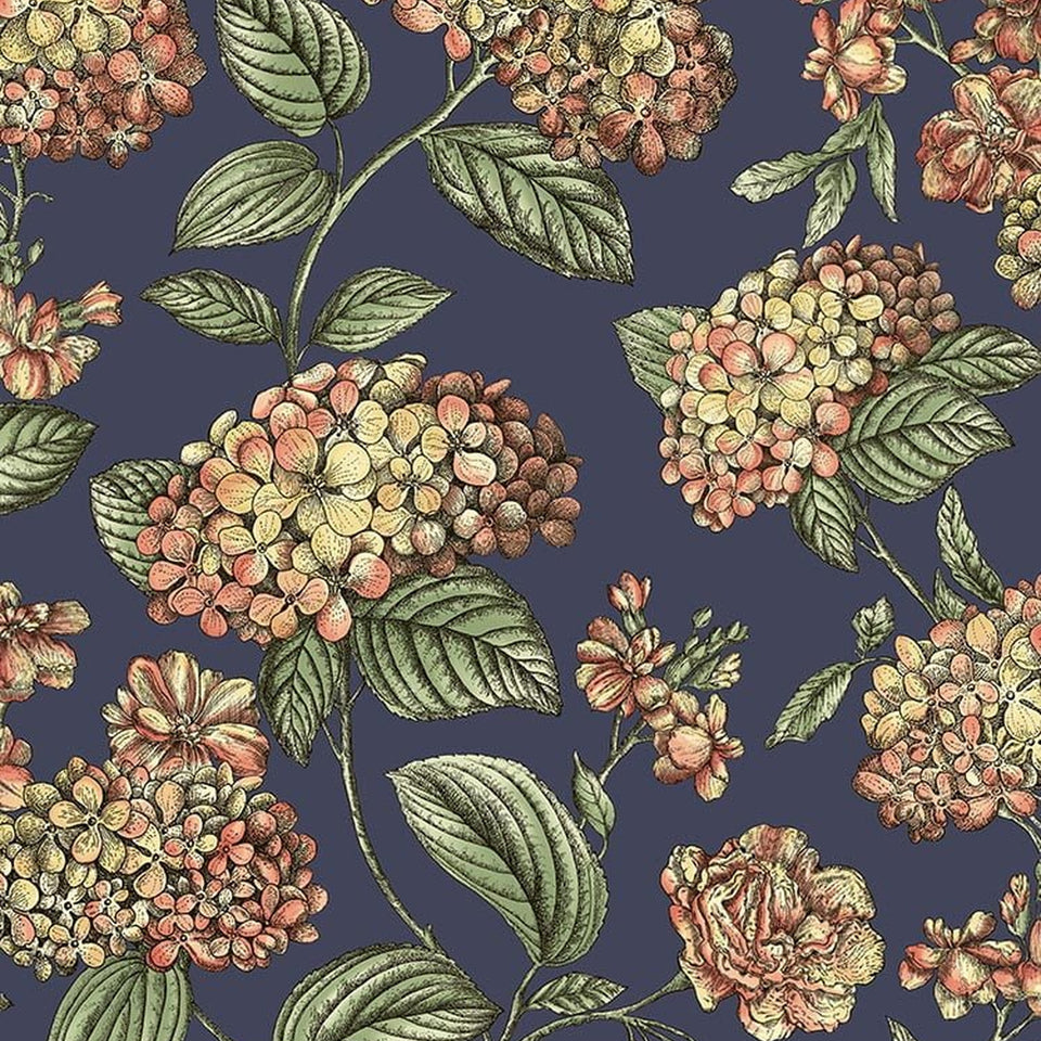 Ramo di Ortensia wallpaper in Coral on Dark Blue by Cole & Son — design detail