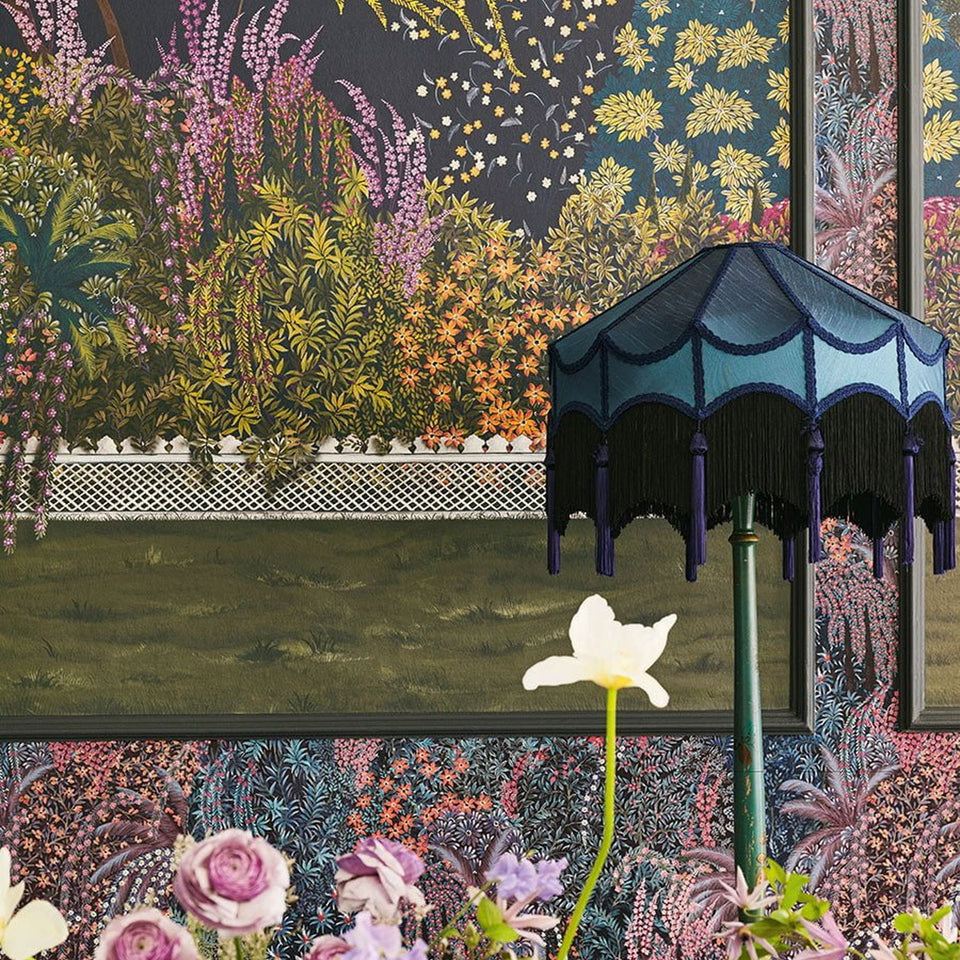 Reverie panorama in Tanzanite by Cole & Son — room detail with coordinating Cascade wallpaper
