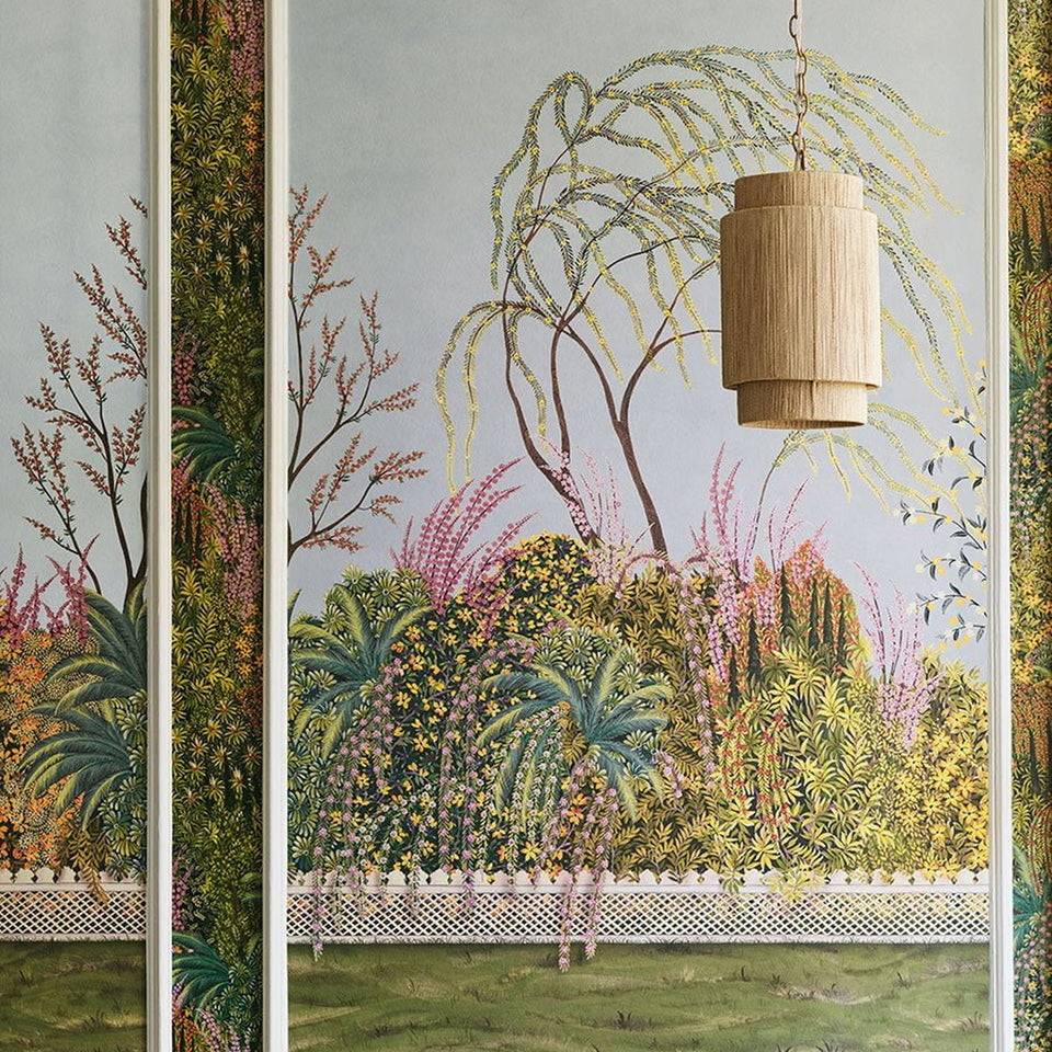 Reverie panorama in Noon by Cole & Son — room detail with coordinating Cascade wallpaper