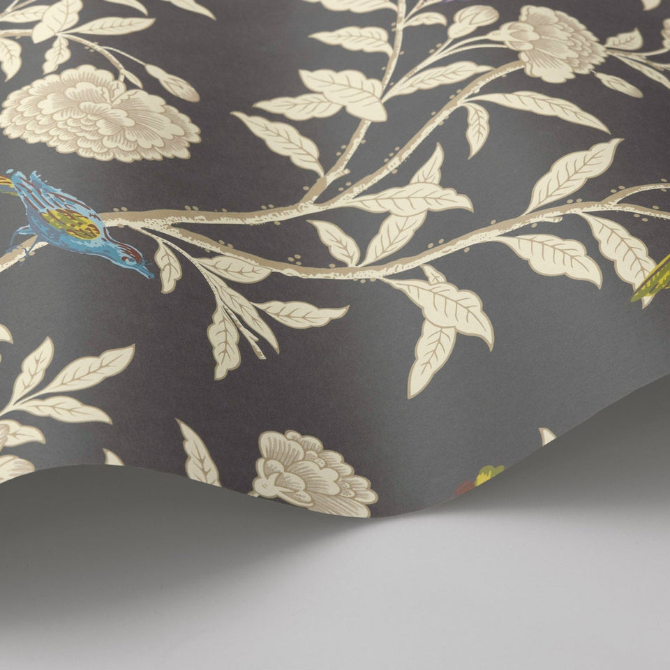 Roseberry with Birds wallpaper in Soft Charcoal by Cole & Son — finish detail