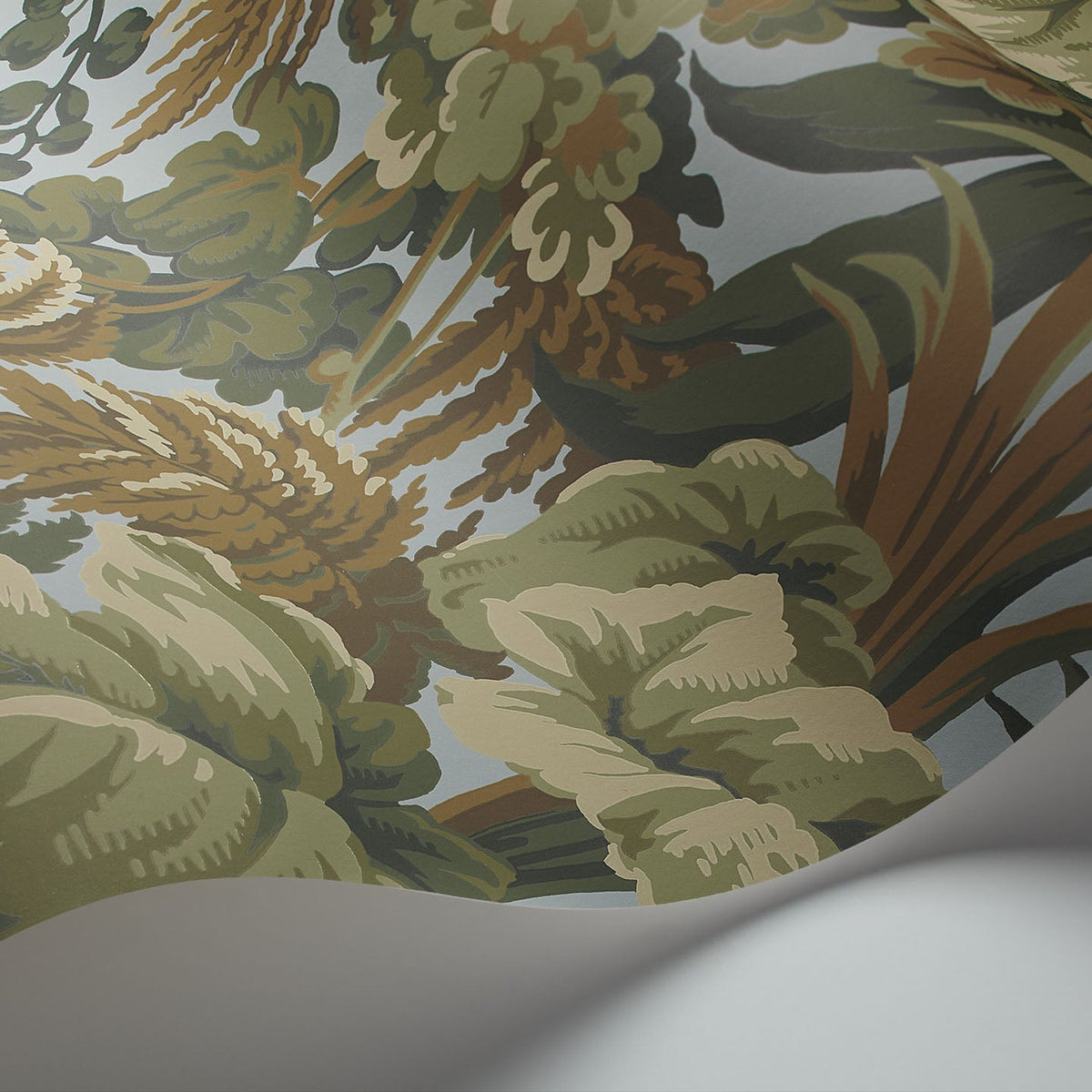 Royal Fernery wallpaper by Cole & Son in Khaki, Sage & Print Room Blue, curved paper detail
