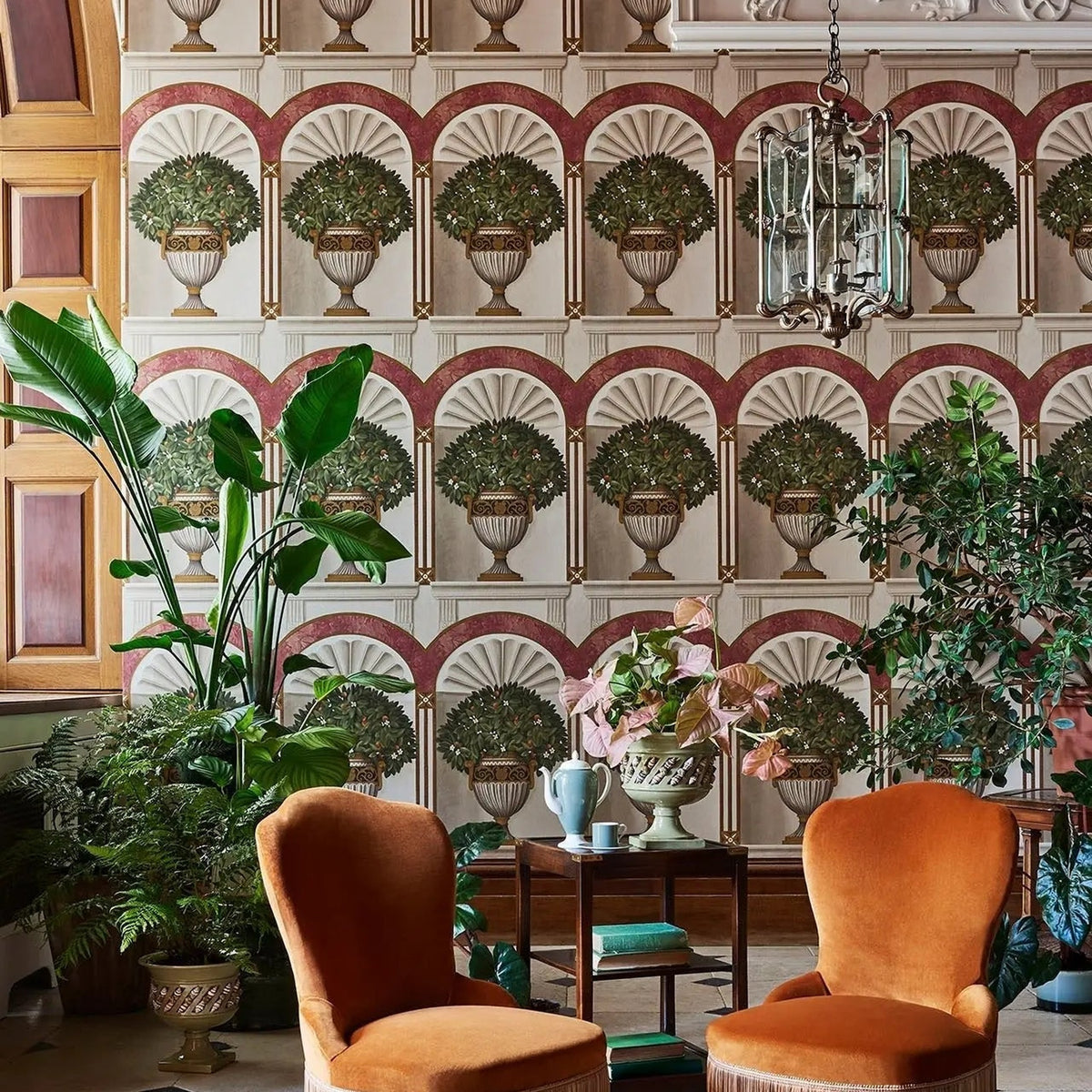 Royal Jardiniere wallpaper by Cole & Son in Spring Green & Rose on Stone, room setting
