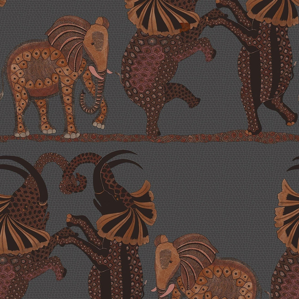 Safari Dance wallpaper by Cole & Son in Ginger & Red on Charcoal, design detail