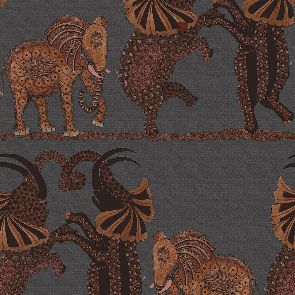 Safari Dance wallpaper by Cole & Son in Ginger & Red on Charcoal, design detail