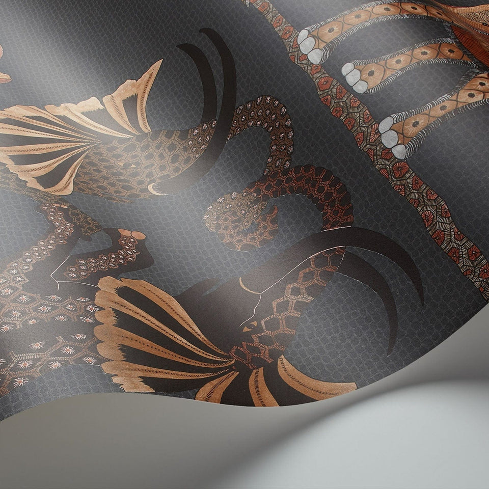 Safari Dance wallpaper by Cole & Son in Ginger & Red on Charcoal, curved paper detail