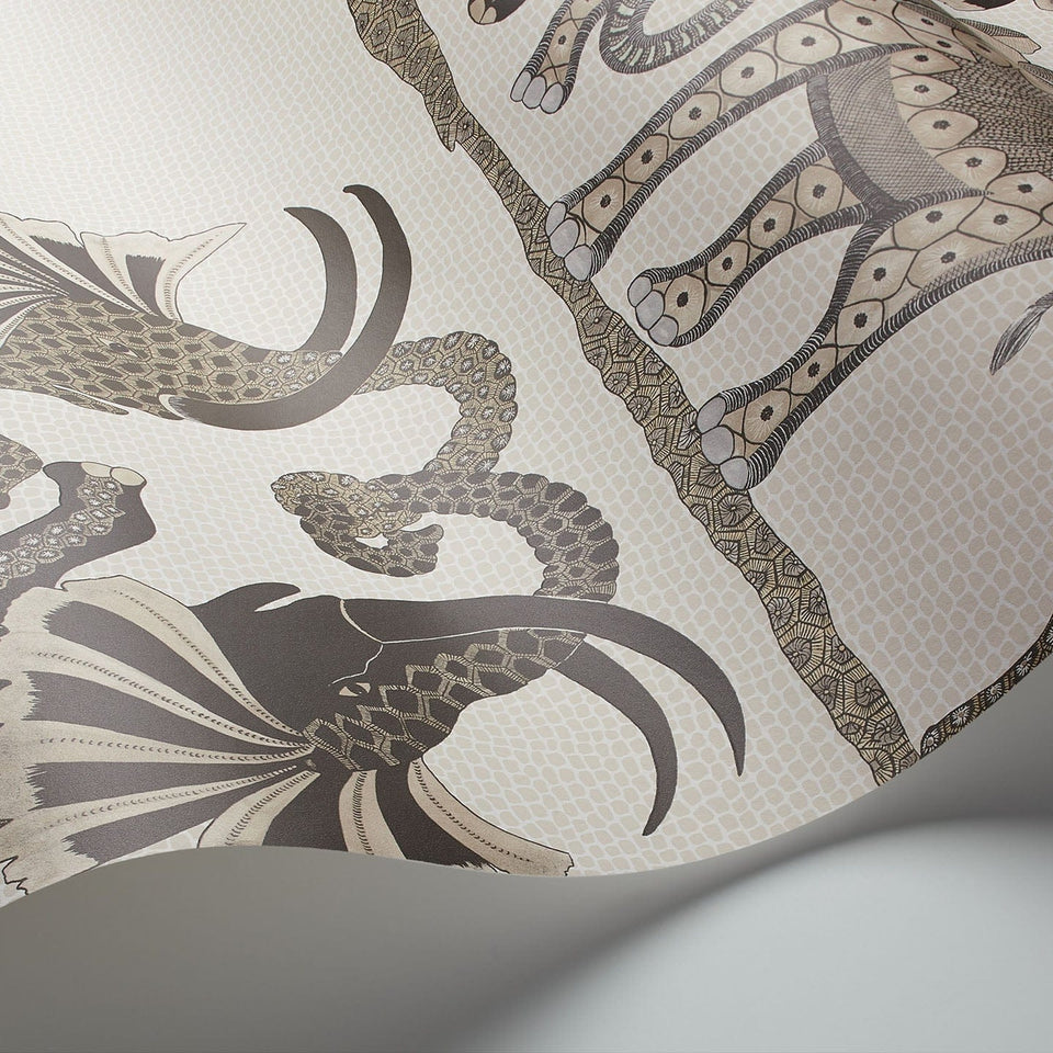 Safari Dance wallpaper by Cole & Son in Linen & Charcoal on Parchment, curved paper detail