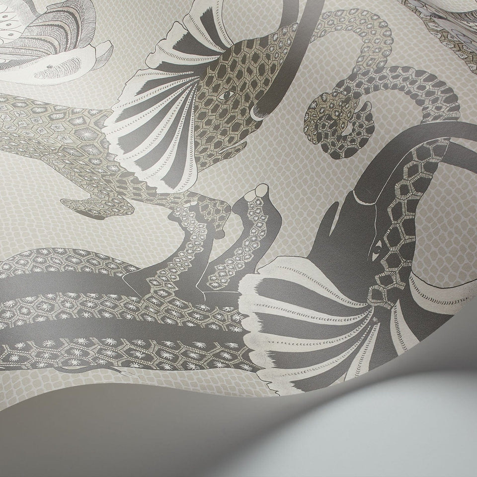 Safari Dance wallpaper by Cole & Son in Parchment & Soot on Stone, curved paper detail