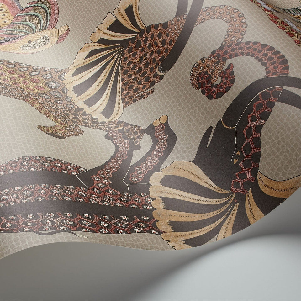 Safari Dance wallpaper by Cole & Son in Ginger & Red on Linen, curved paper detail
