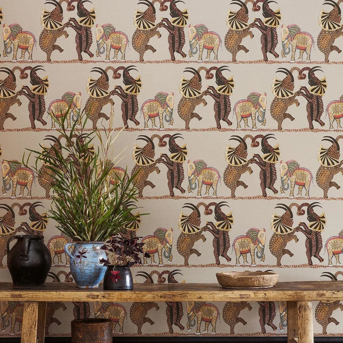 Safari Dance wallpaper by Cole & Son in Ginger & Red on Linen, room setting