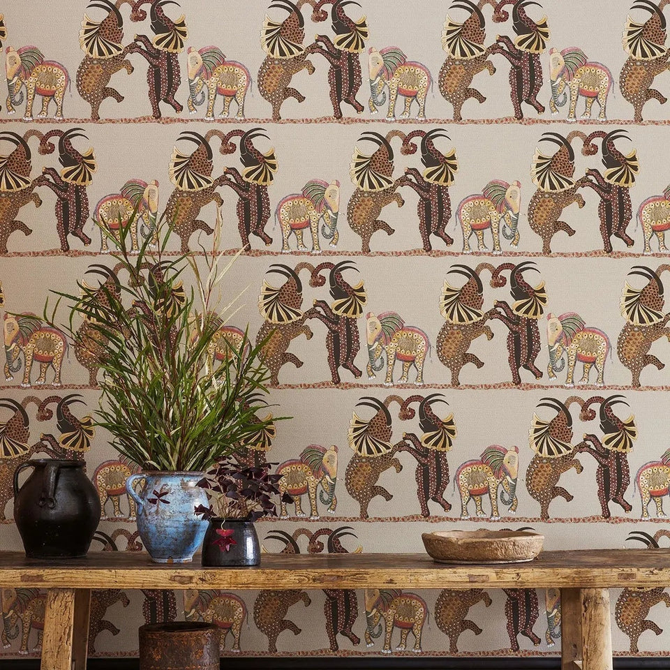Safari Dance wallpaper by Cole & Son in Ginger & Red on Linen, room setting