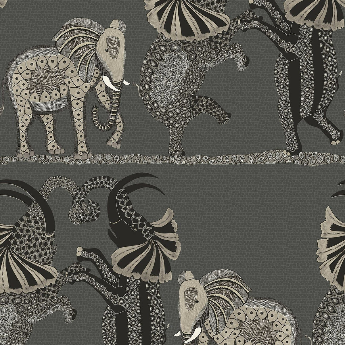 Safari Dance wallpaper by Cole & Son in Stone & Black on Charcoal, design detail