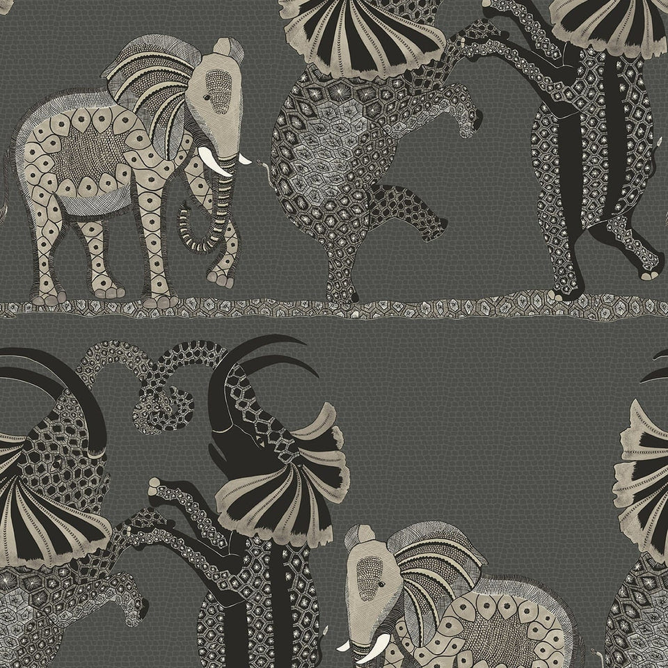 Safari Dance wallpaper by Cole & Son in Stone & Black on Charcoal, design detail