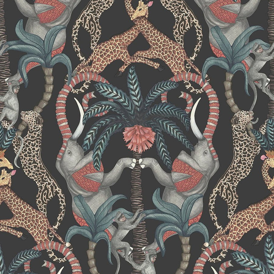 Safari Totem wallpaper by Cole & Son in Ruby & Print Room Blue on Charcoal, design detail