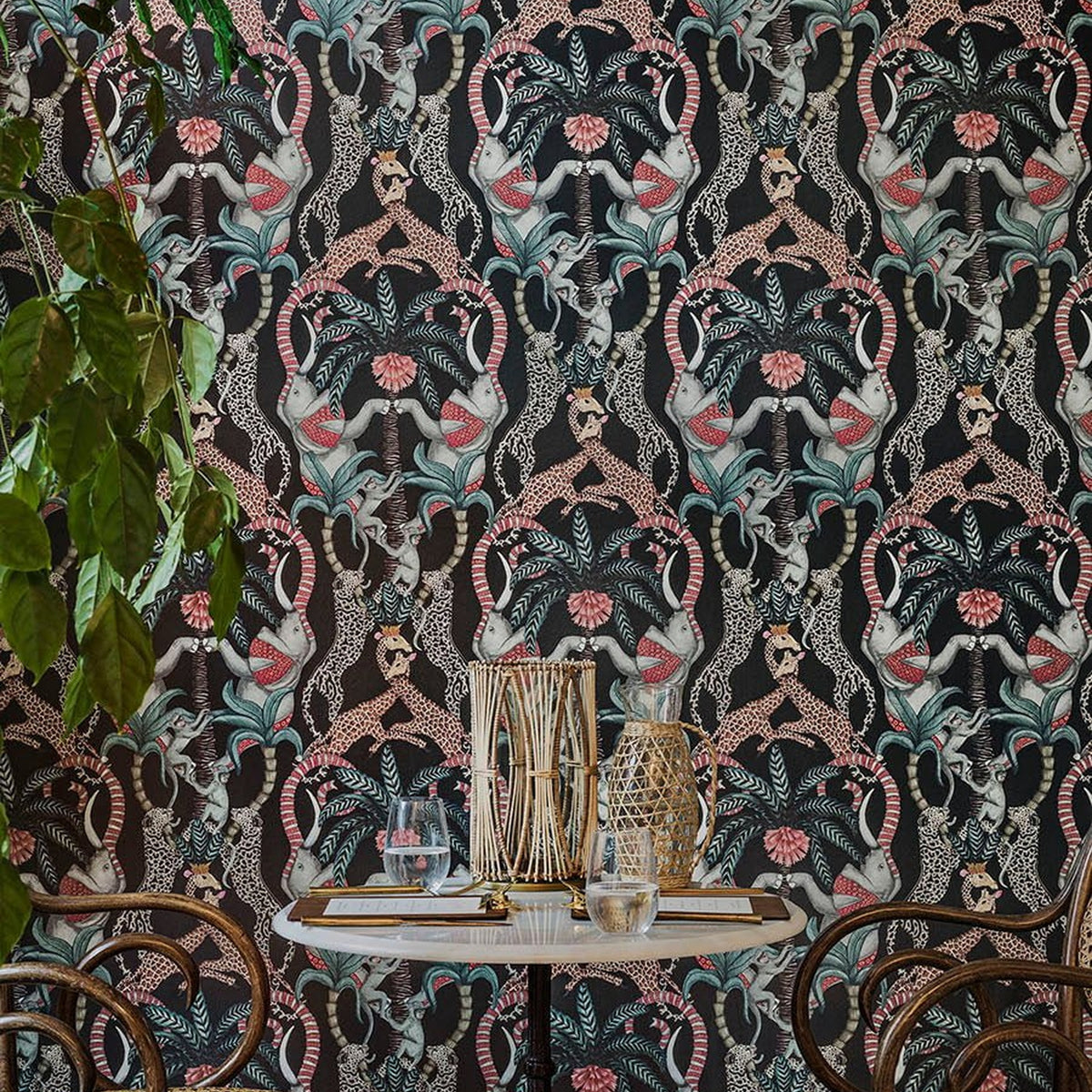 Safari Totem wallpaper by Cole & Son in Ruby & Print Room Blue on Charcoal, room setting