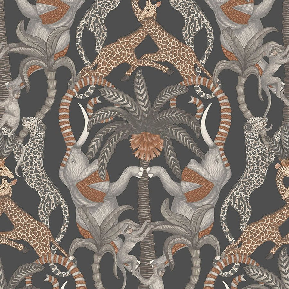 Safari Totem wallpaper by Cole & Son in Ginger & Taupe on Charcoal, design detail