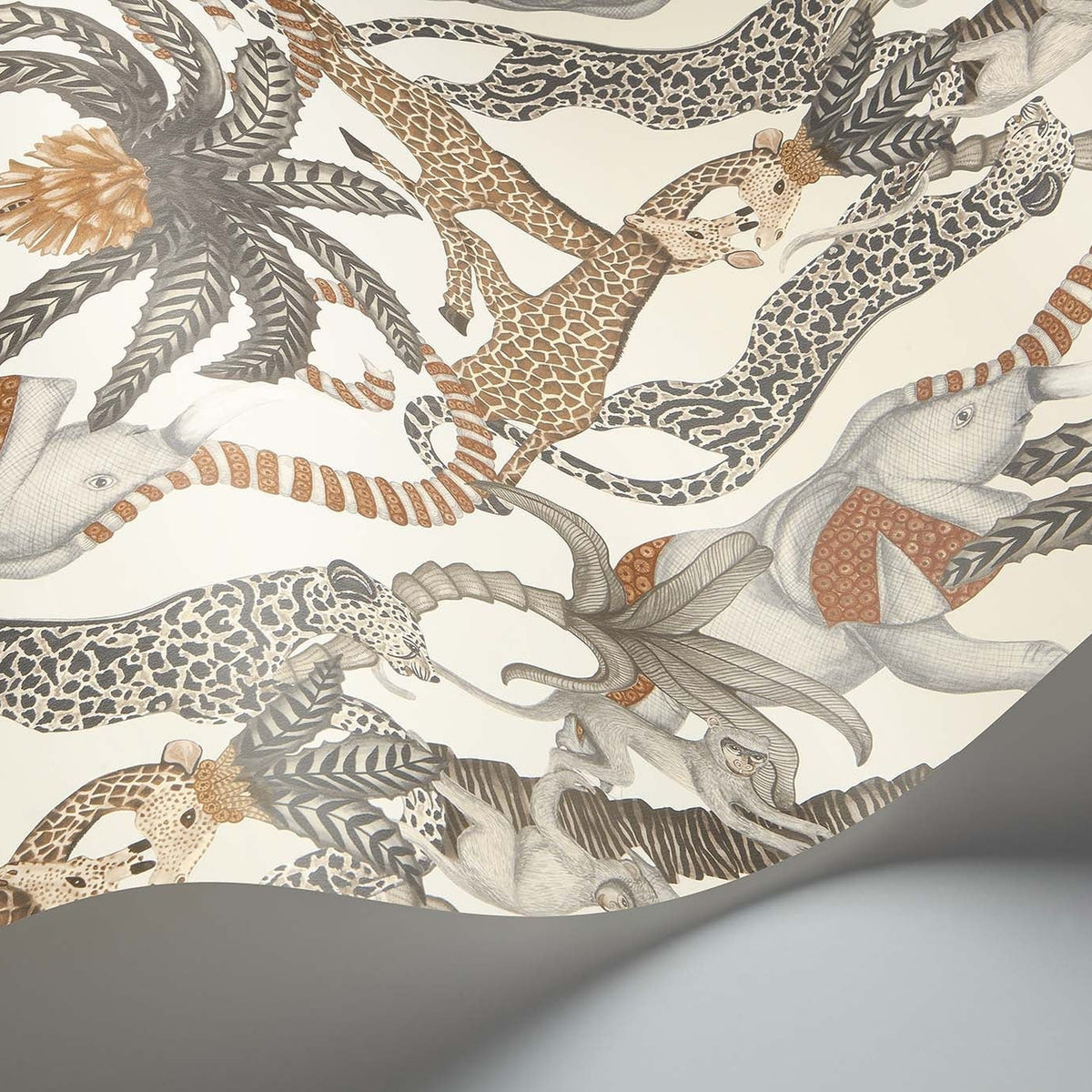 Safari Totem wallpaper by Cole & Son in Ginger & Taupe on Parchment, curved paper detail