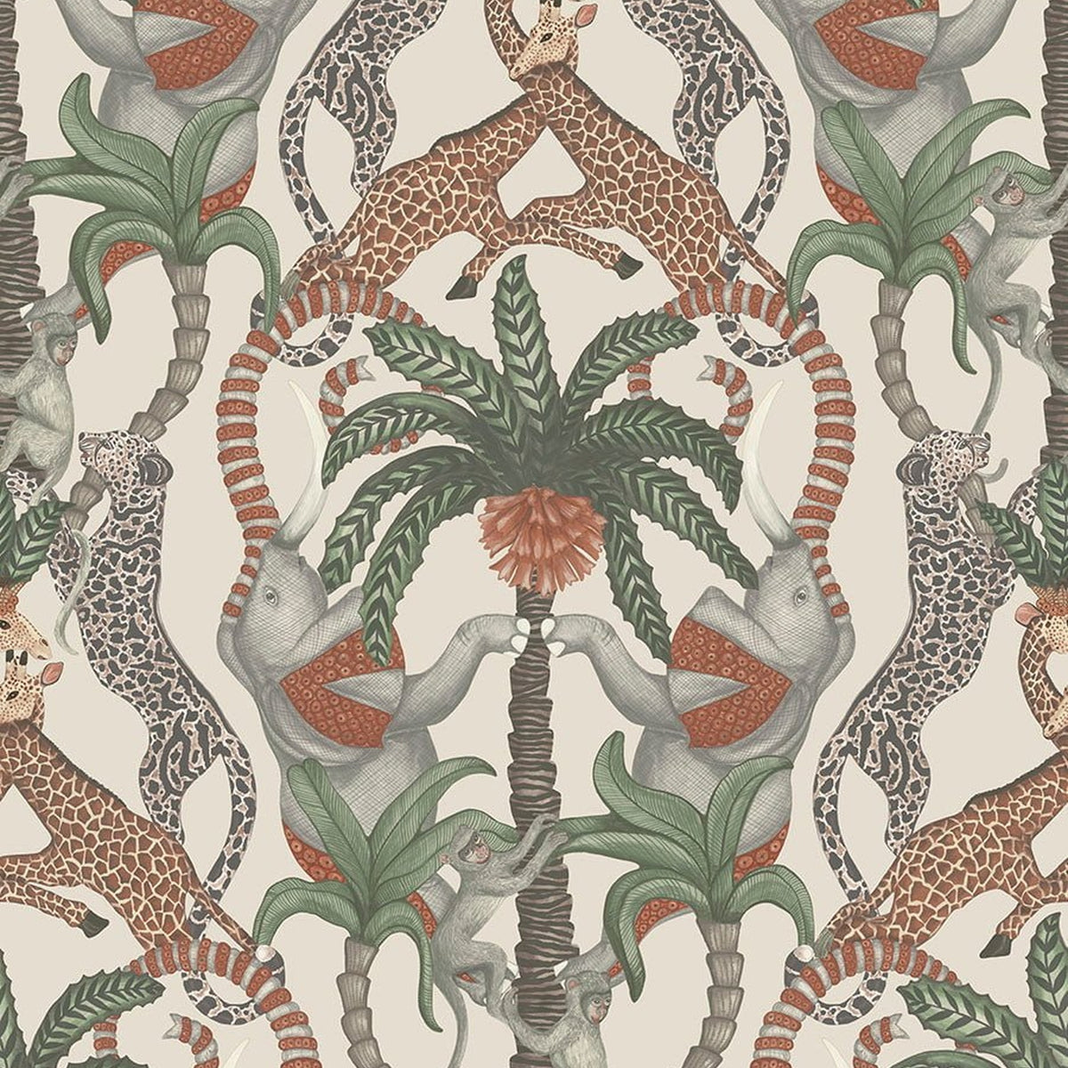 Safari Totem wallpaper by Cole & Son in Terracotta & Forest Green on Stone, design detail