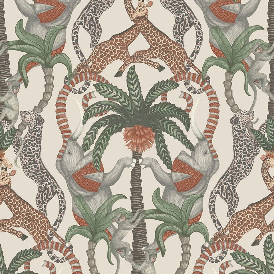 Safari Totem wallpaper by Cole & Son in Terracotta & Forest Green on Stone, design detail