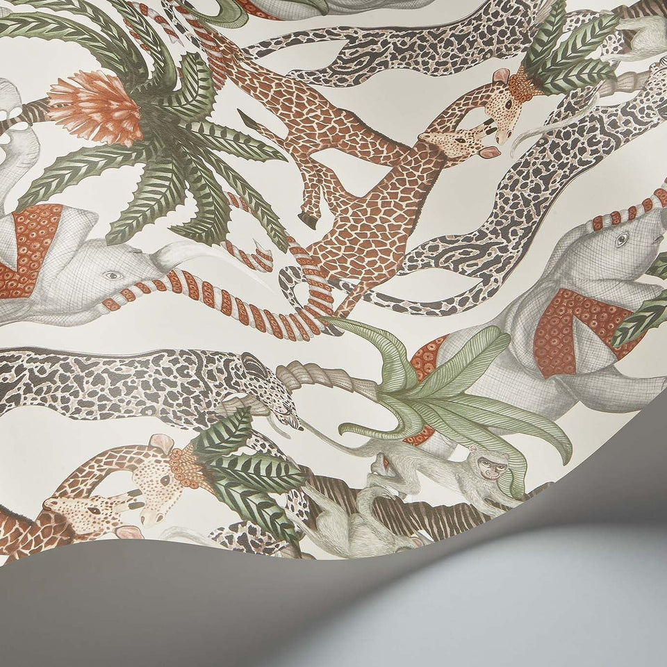 Safari Totem wallpaper by Cole & Son in Terracotta & Forest Green on Stone, curved paper detail