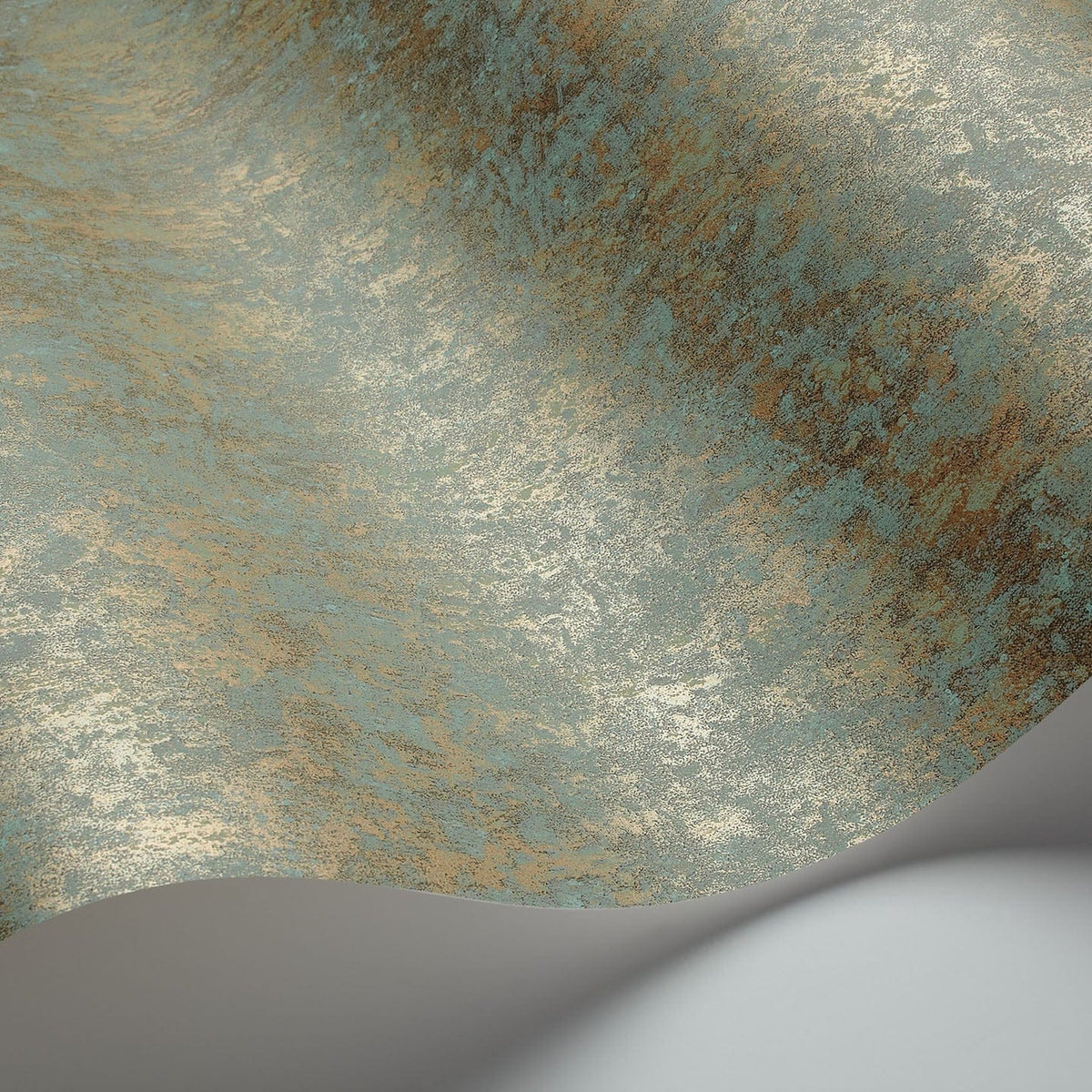 Salvage wallpaper by Cole & Son in Metallic Gold & Duck Egg, curved paper detail