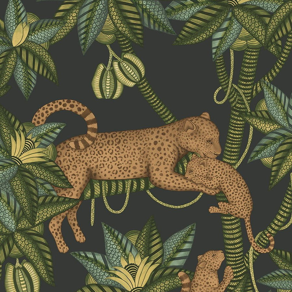 Satara wallpaper by Cole & Son in Spring Green & Metallic Bronze on Charcoal, design detail