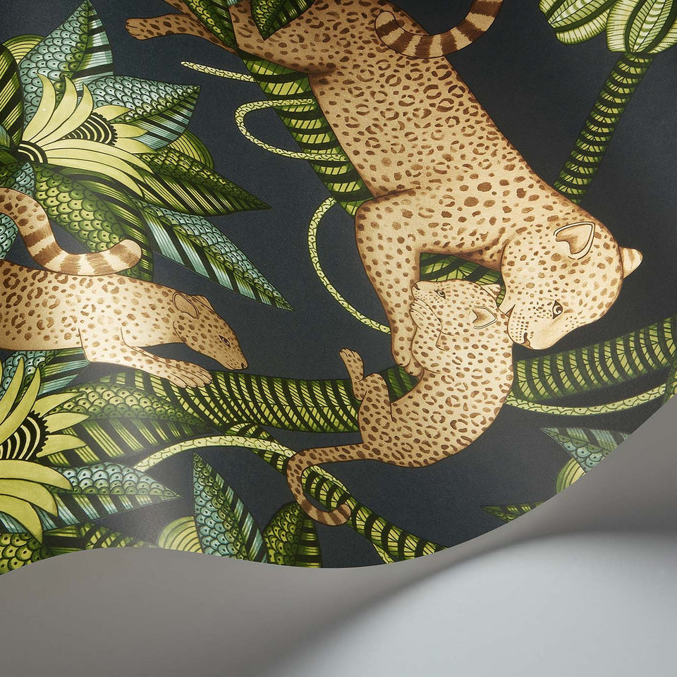 Satara wallpaper by Cole & Son in Spring Green & Metallic Bronze on Charcoal, curved paper detail