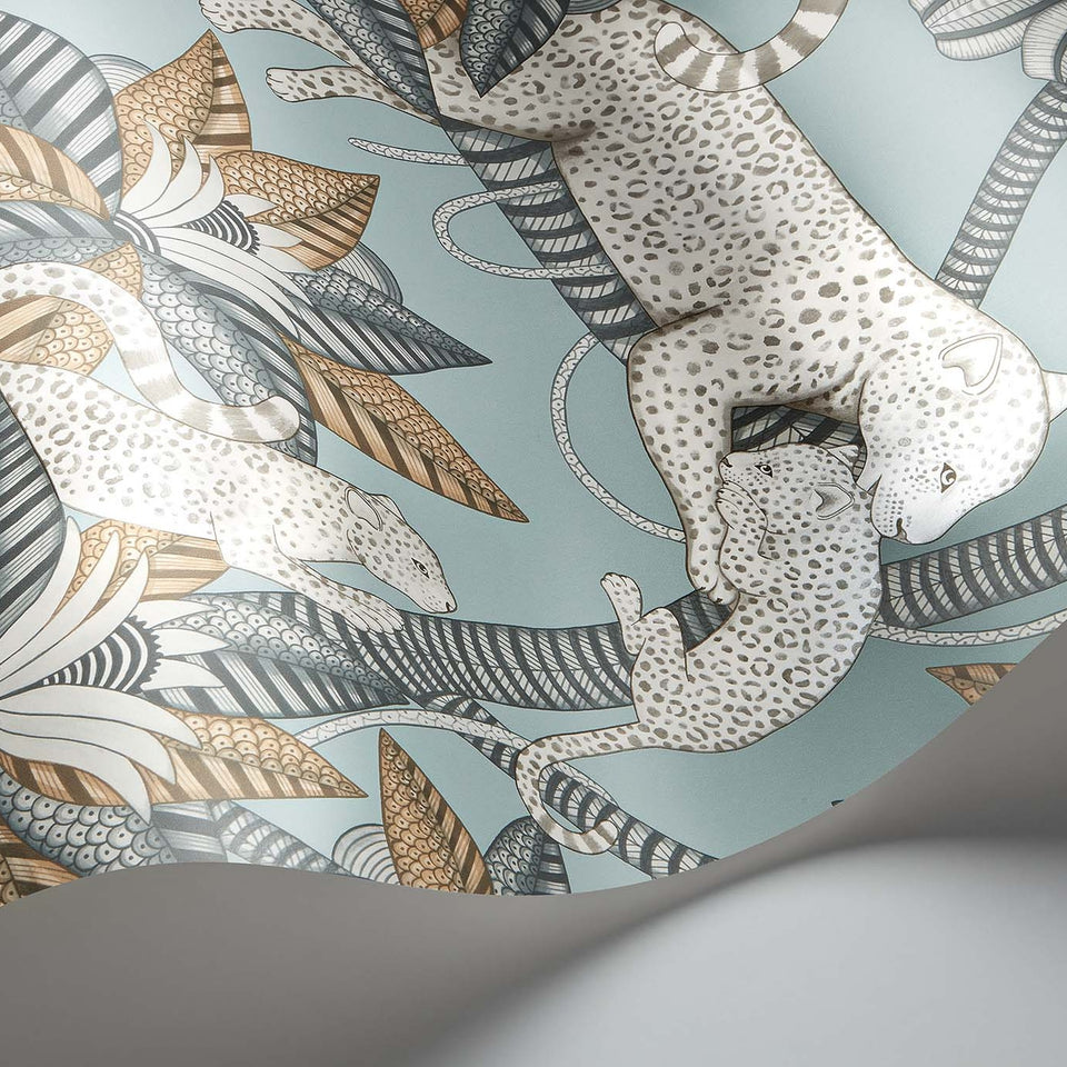 Satara wallpaper by Cole & Son in Slate & White Mica on Print Room Blue, curved paper detail