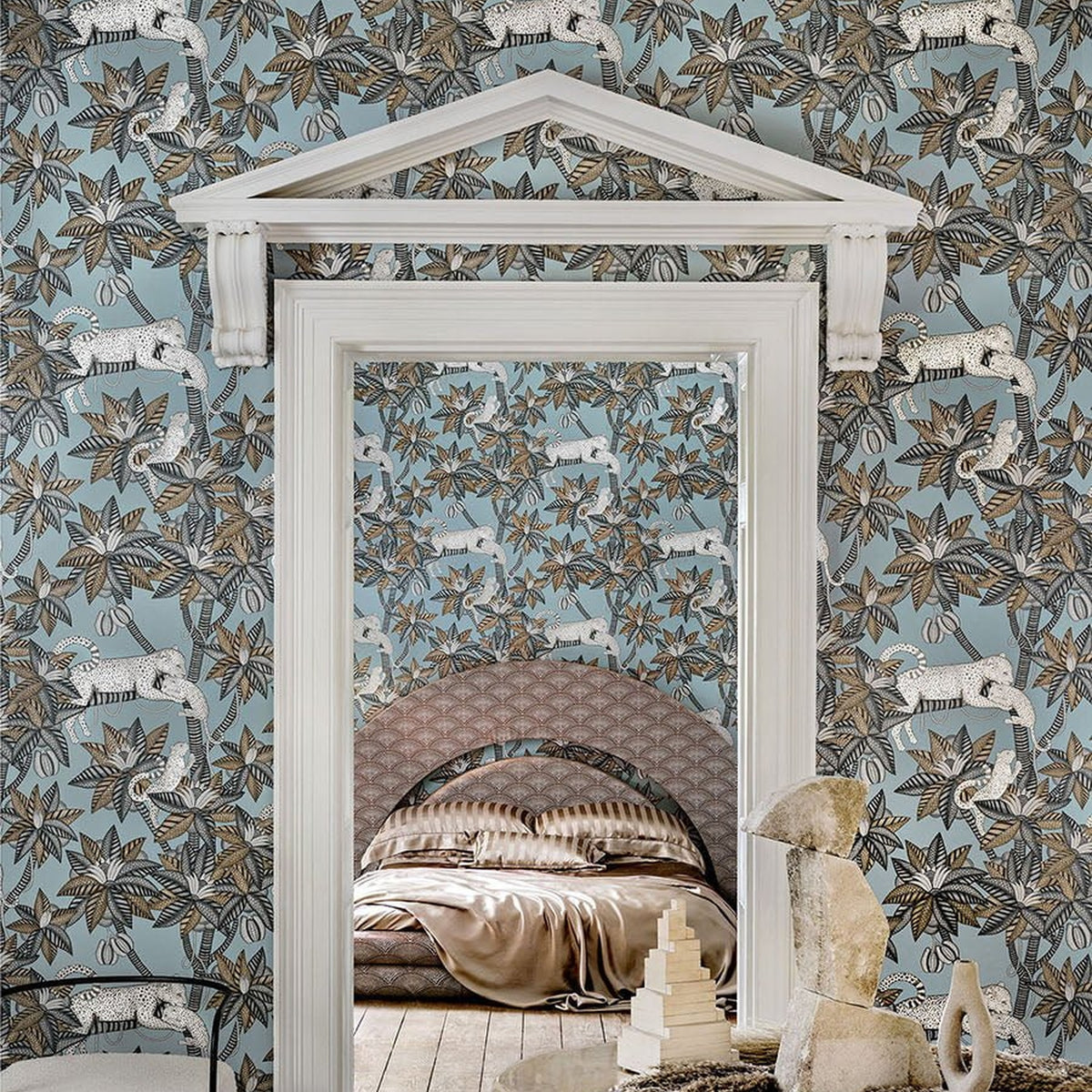 Satara wallpaper by Cole & Son in Slate & White Mica on Print Room Blue, room setting