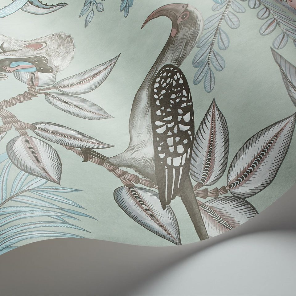 Savuti wallpaper by Cole & Son in Blush & Sky Blue on Duck Egg, curved paper detail