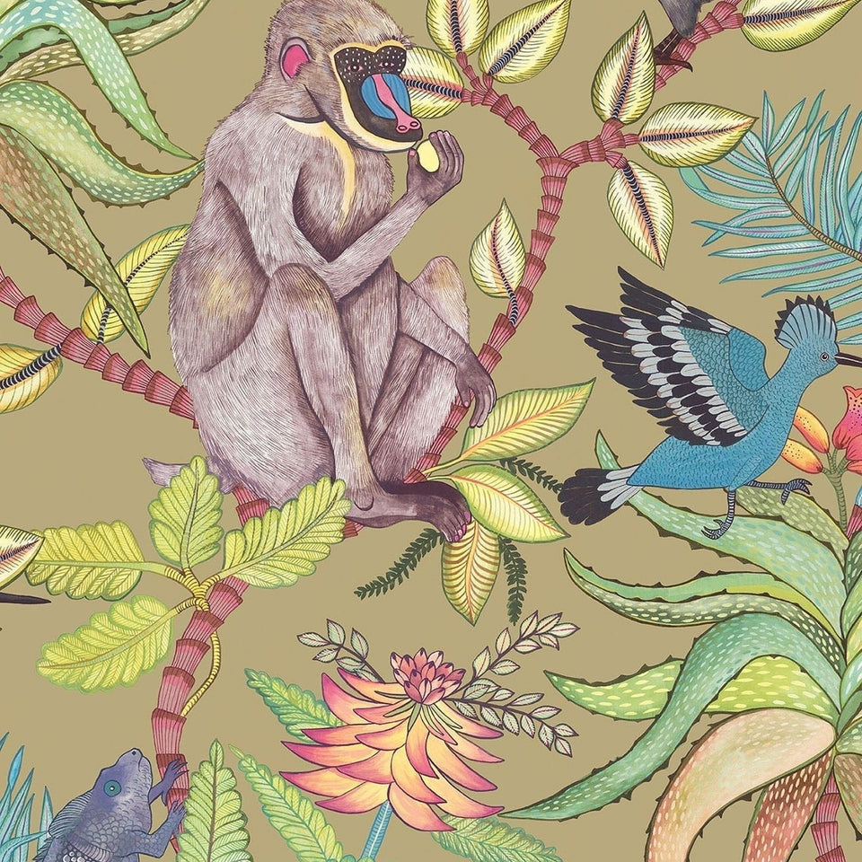 Savuti wallpaper by Cole & Son in Bright Multi on Old Olive, design detail