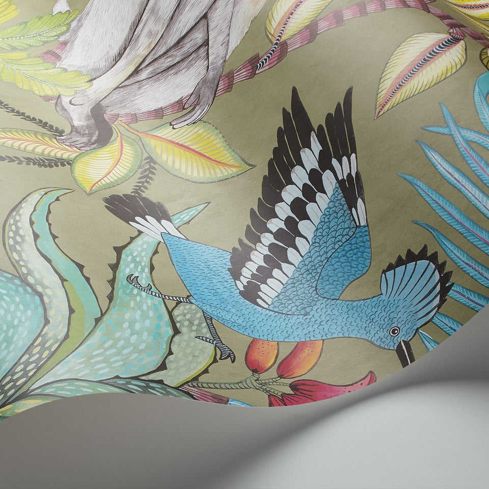 Savuti wallpaper by Cole & Son in Bright Multi on Old Olive, curved paper detail