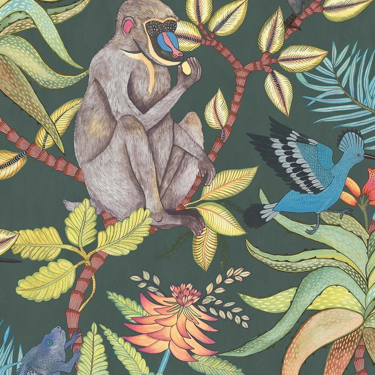 Savuti wallpaper by Cole & Son in Bright Multi on Dark Viridian, design detail