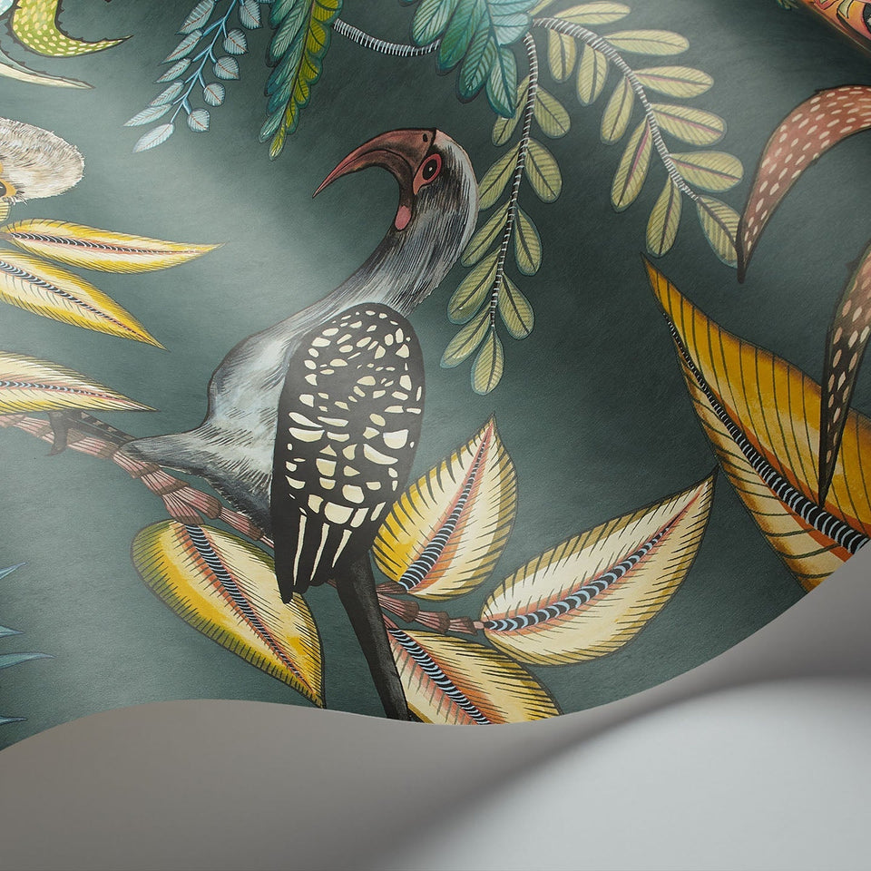 Savuti wallpaper by Cole & Son in Bright Multi on Dark Viridian, curved paper detail