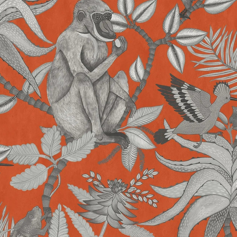 Savuti wallpaper by Cole & Son in Soot on Tangerine, design detail