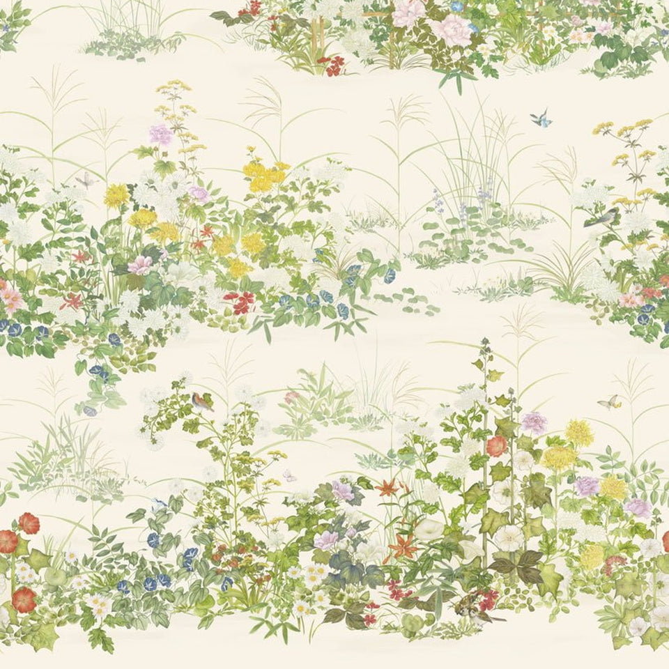 Scenic Flora by Cole & Son in Natural White, cropped floral detail of the panel set