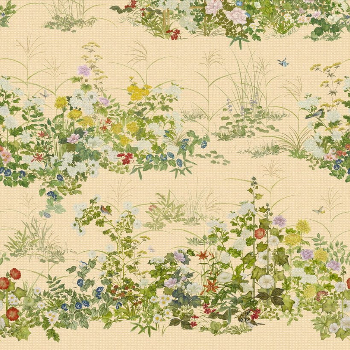 Scenic Flora Japanese Paperweave in Gold by Cole & Son, 126/7025, cropped floral panel detail