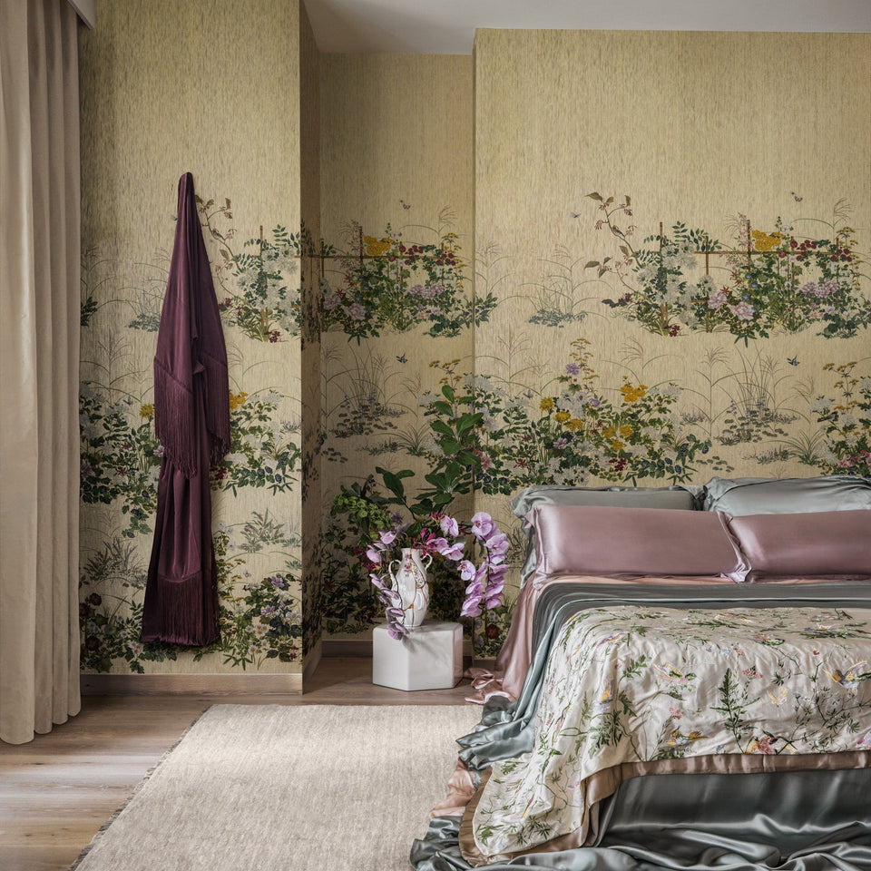 Scenic Flora Japanese Paperweave in Gold by Cole & Son, 126/7025, bedroom setting