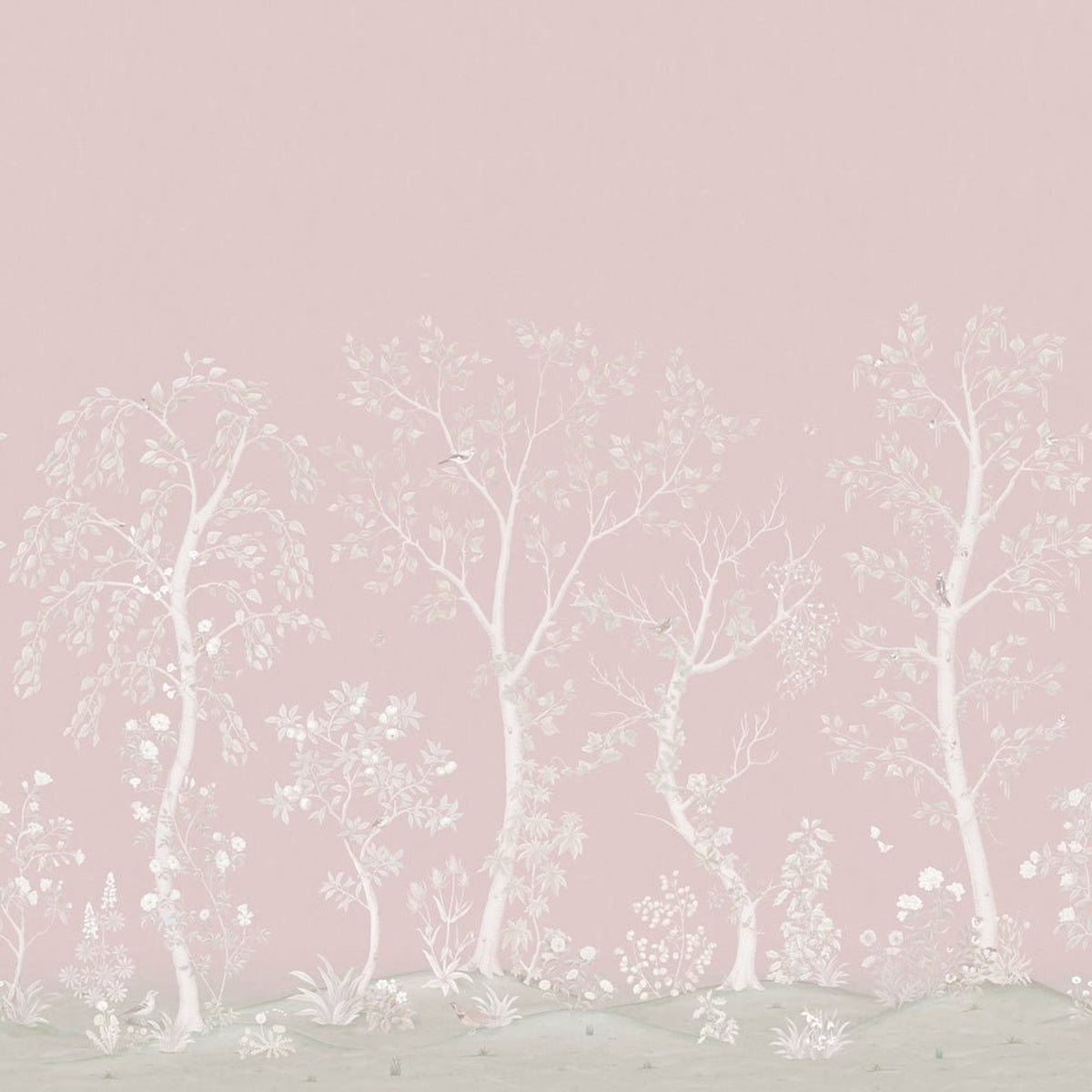 Seasonal Woods wallpaper by Cole & Son in Rose Quartz Pearl, cropped panorama detail