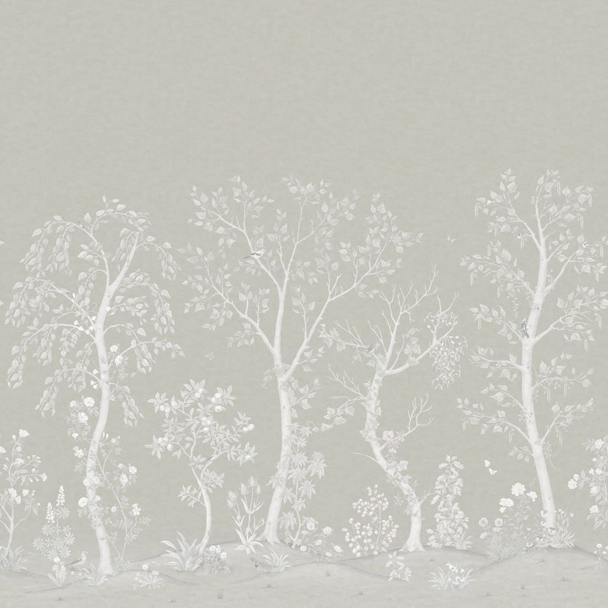 Seasonal Woods wallpaper by Cole & Son in Platinum Matte, cropped panorama detail
