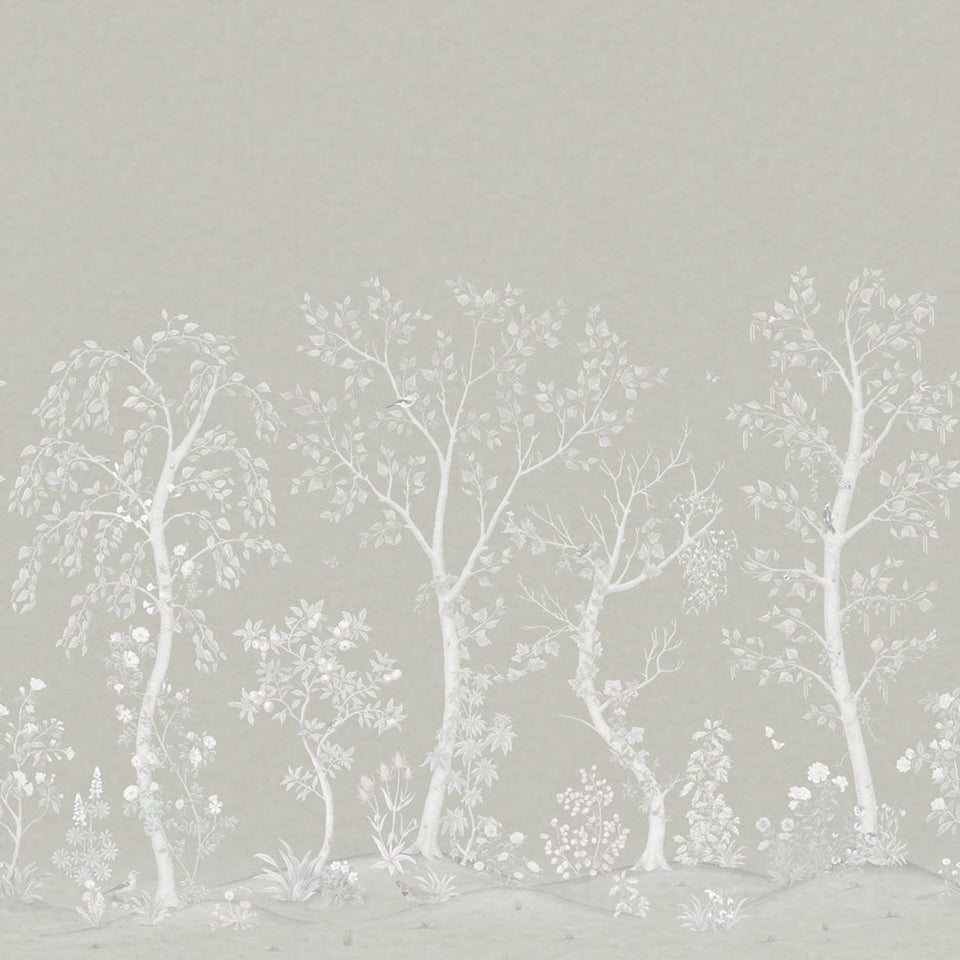 Seasonal Woods wallpaper by Cole & Son in Platinum Matte, cropped panorama detail