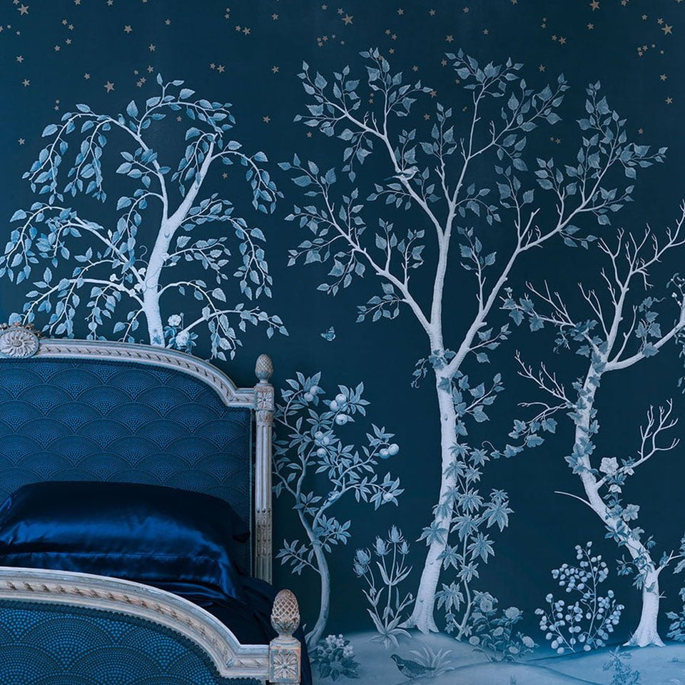 Seasonal Woods wallpaper by Cole & Son in Midnight, room setting