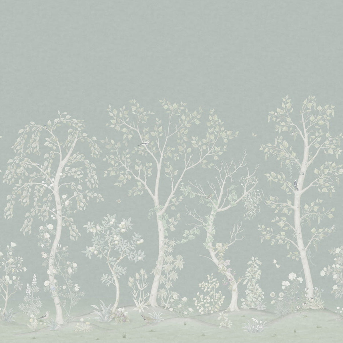 Seasonal Woods wallpaper by Cole & Son in Sage Pearl, cropped panorama detail