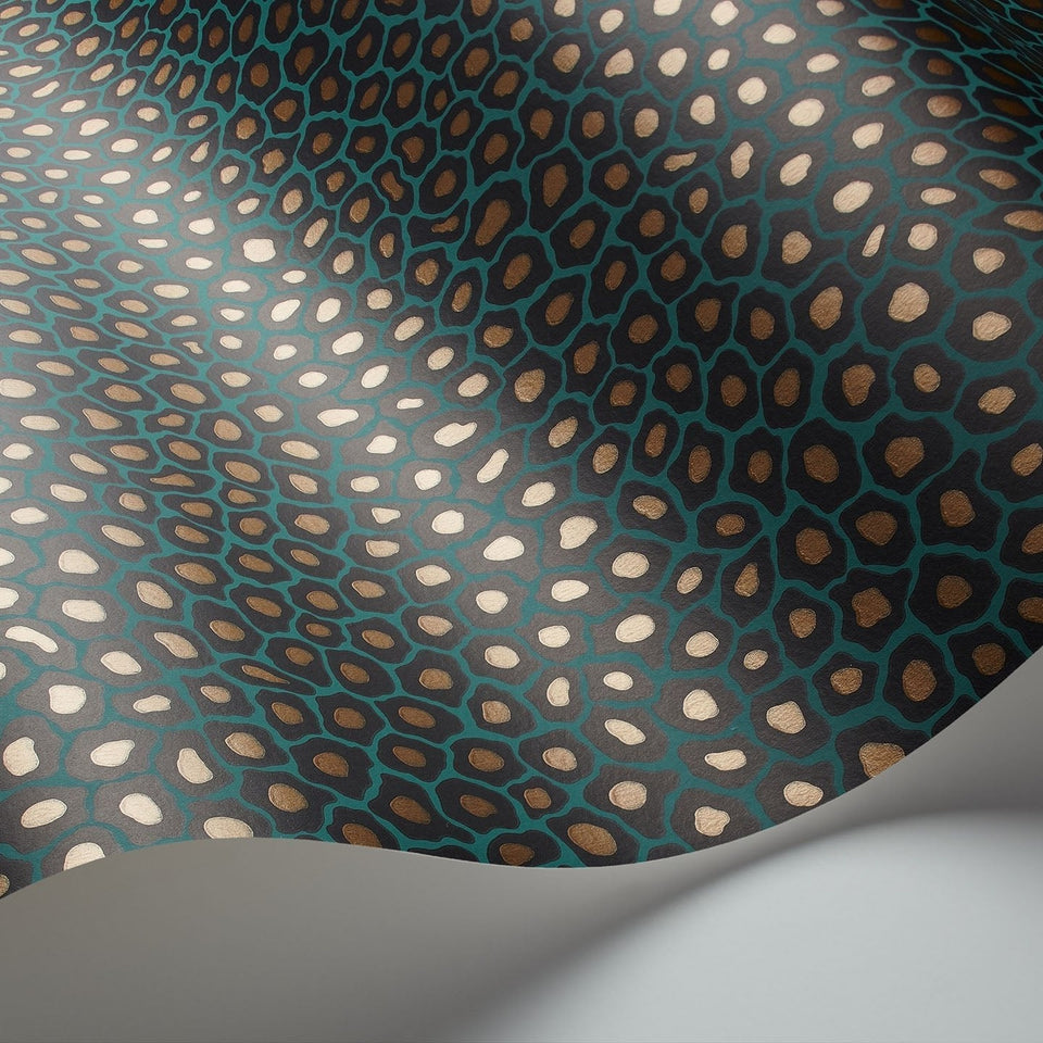Senzo Spot by Cole & Son in Charcoal & Metallic Gold on Teal, surface detail