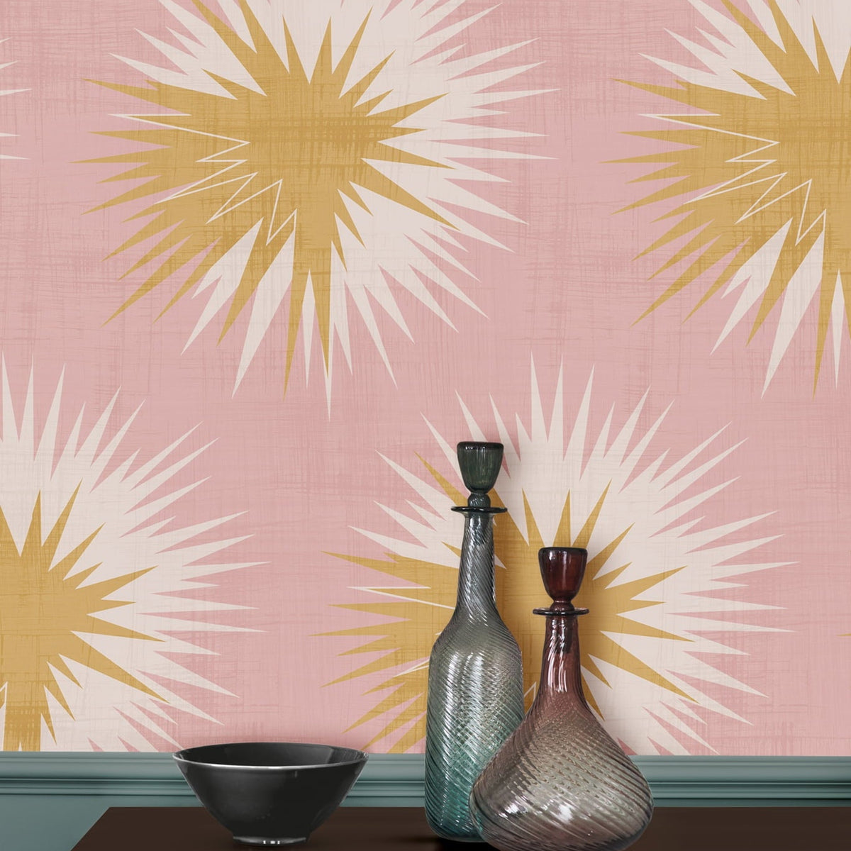 Soft Thistle wallpaper by Cole & Son x Vivienne Westwood in Rose Quartz & Gold, styled detail