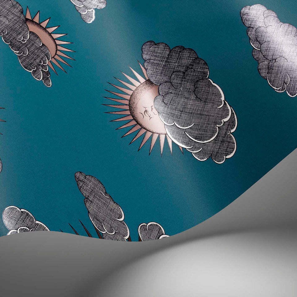 Soli e Nuvole wallpaper by Cole & Son in Teal & Rose Gold, surface detail