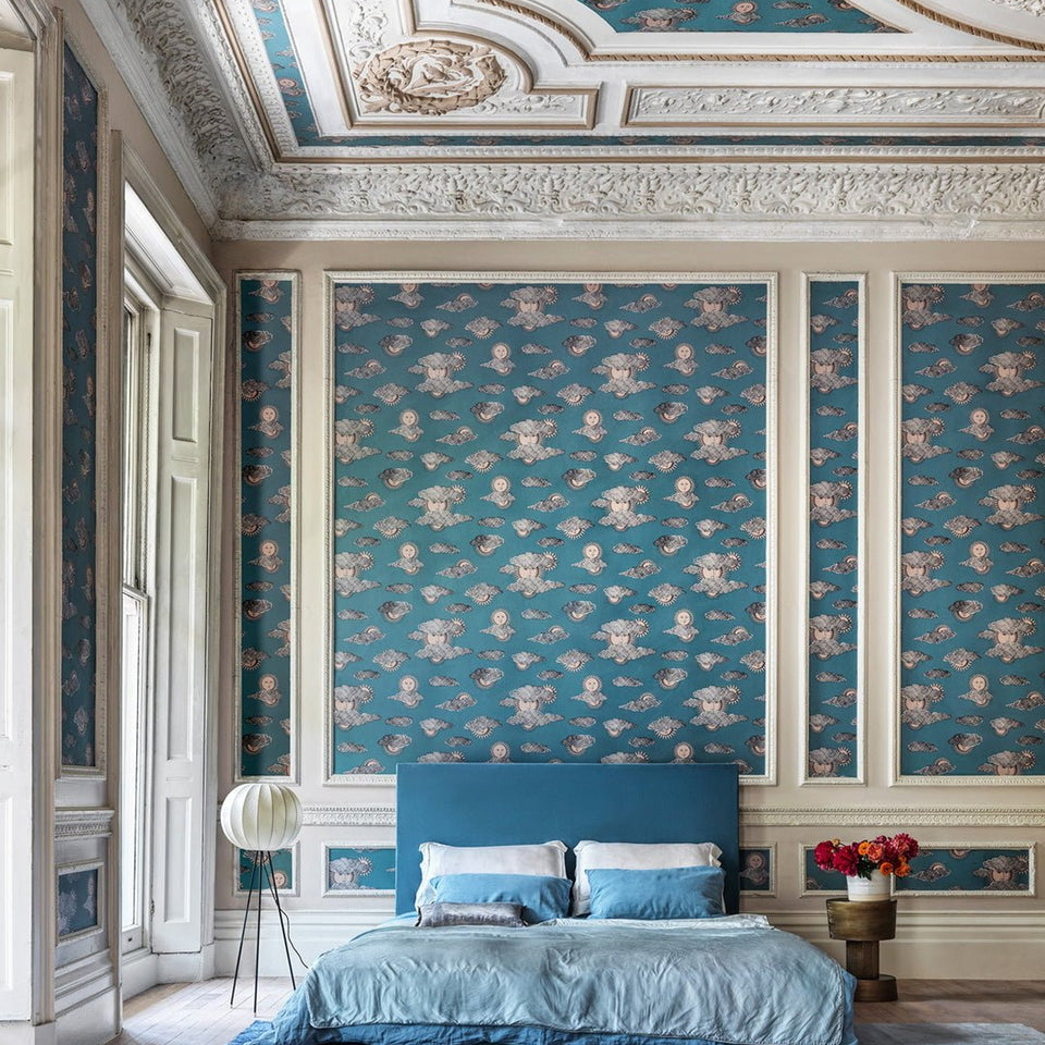 Soli e Nuvole wallpaper by Cole & Son in Teal & Rose Gold, room setting