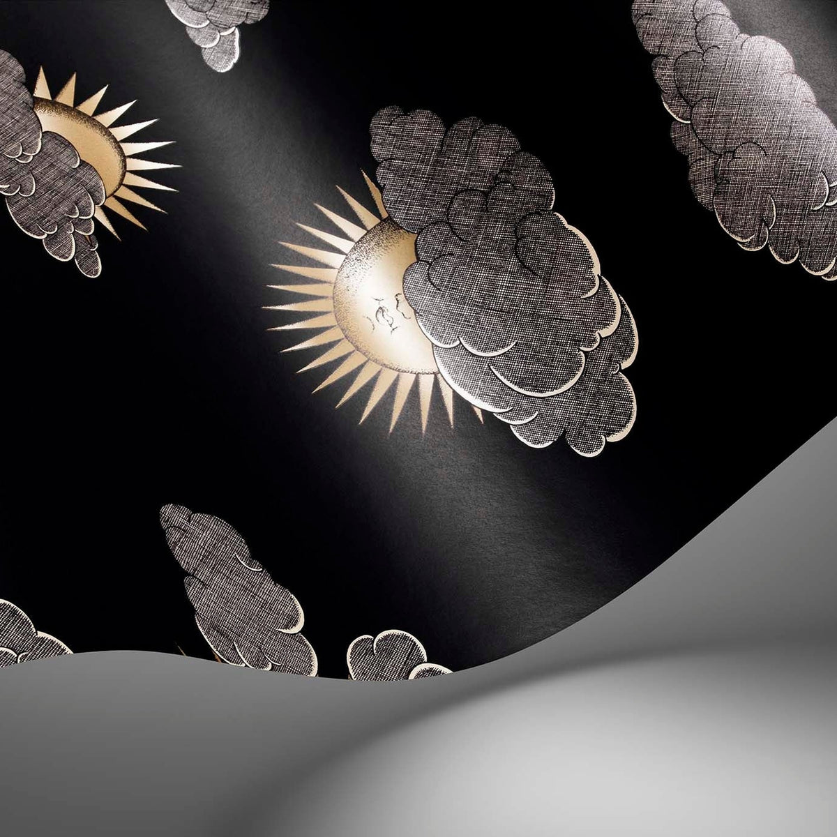 Soli e Nuvole wallpaper by Cole & Son in Gold & Silver on Charcoal, surface detail