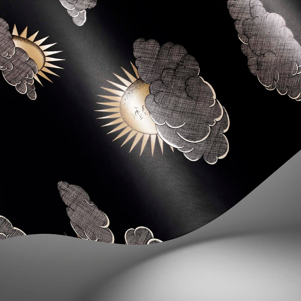 Soli e Nuvole wallpaper by Cole & Son in Gold & Silver on Charcoal, surface detail