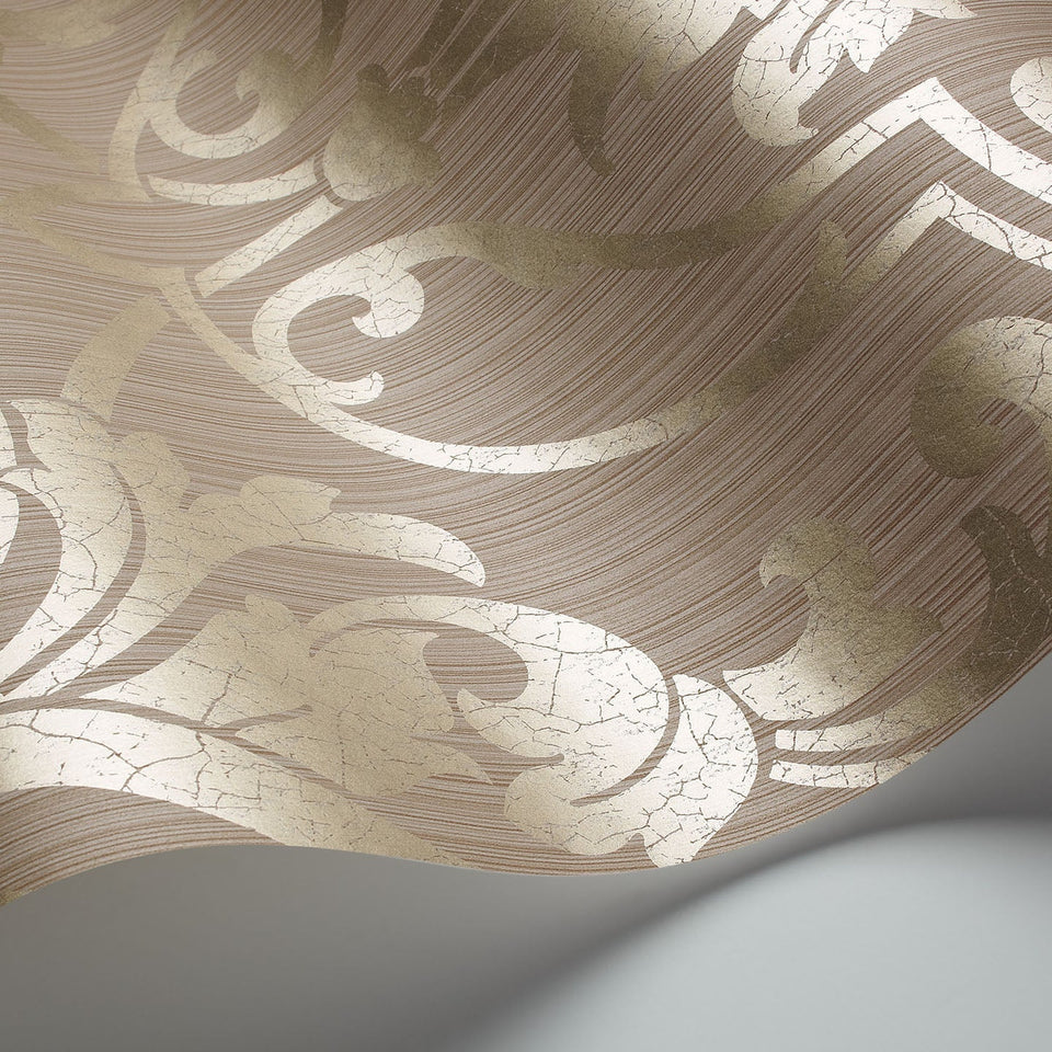 St Petersburg Damask wallpaper by Cole & Son in Metallic Gilver on Taupe, surface detail
